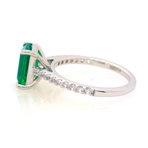 Octagon-Cut Emerald & White Lab-Created Sapphire Ring in Sterling Silver. - Picture 4 of 7